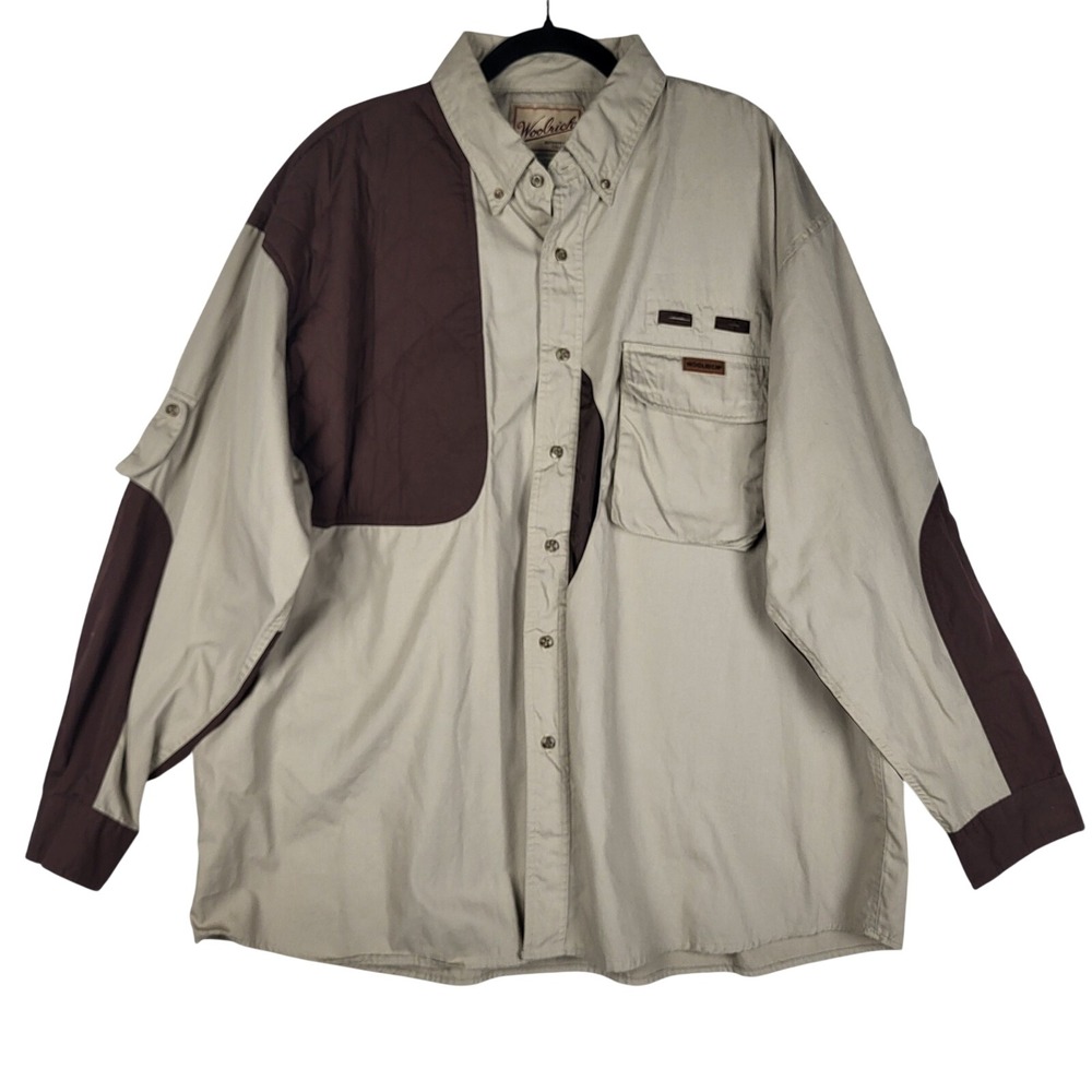 Woolrich Outdoor Guide Shooting Hunt Shirt Mens 2XL Beige Brown Cotton Pockets